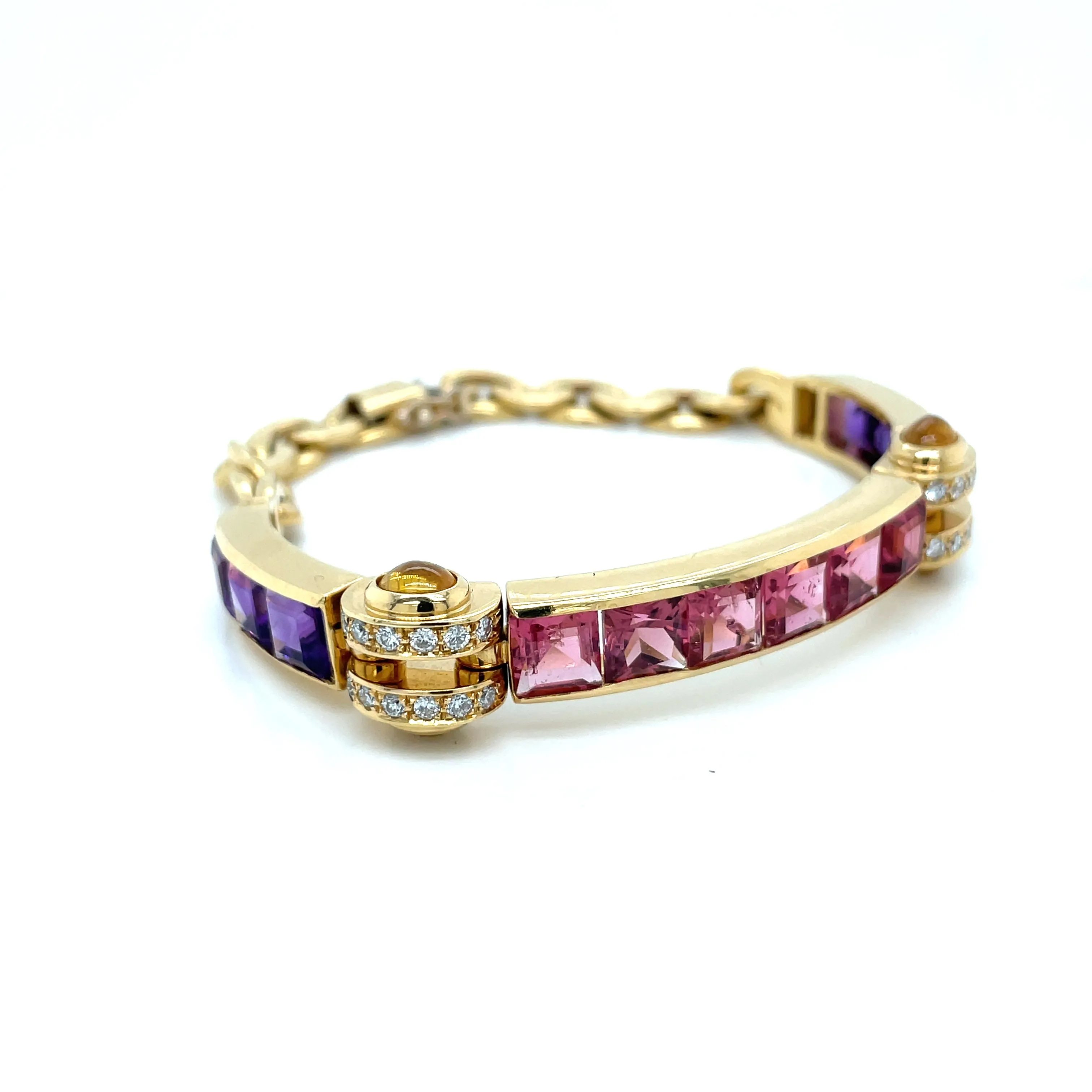 Bulgari Tourmaline Amethyst Diamond Citrine Gold Link Bracelet