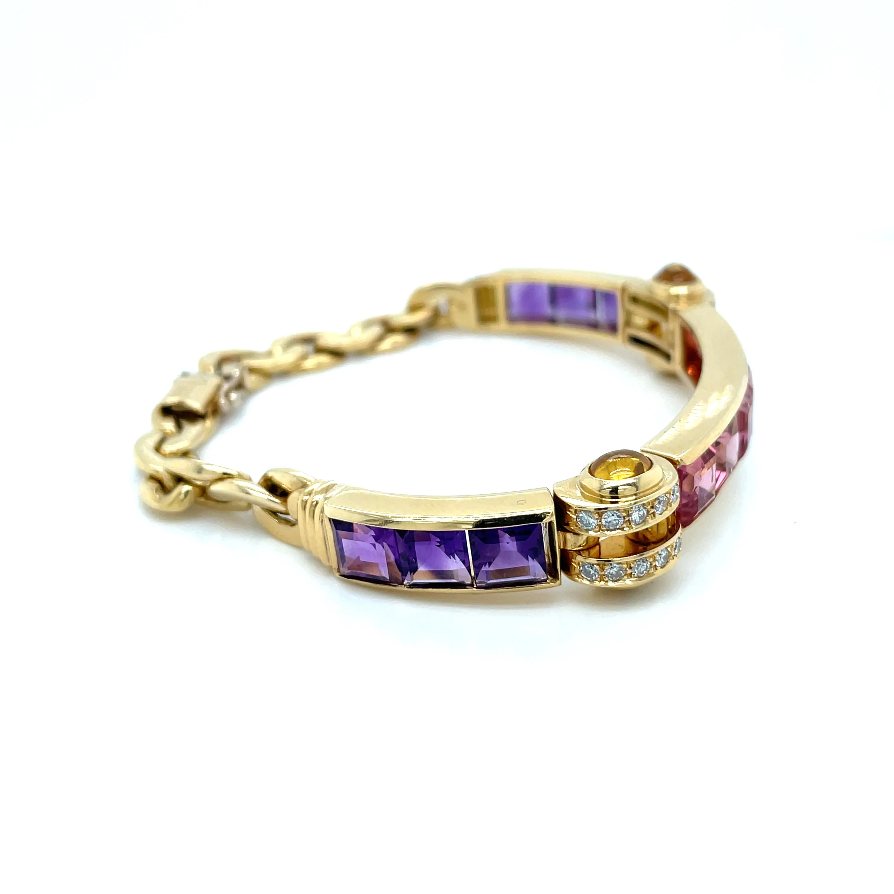 Bulgari Tourmaline Amethyst Diamond Citrine Gold Link Bracelet