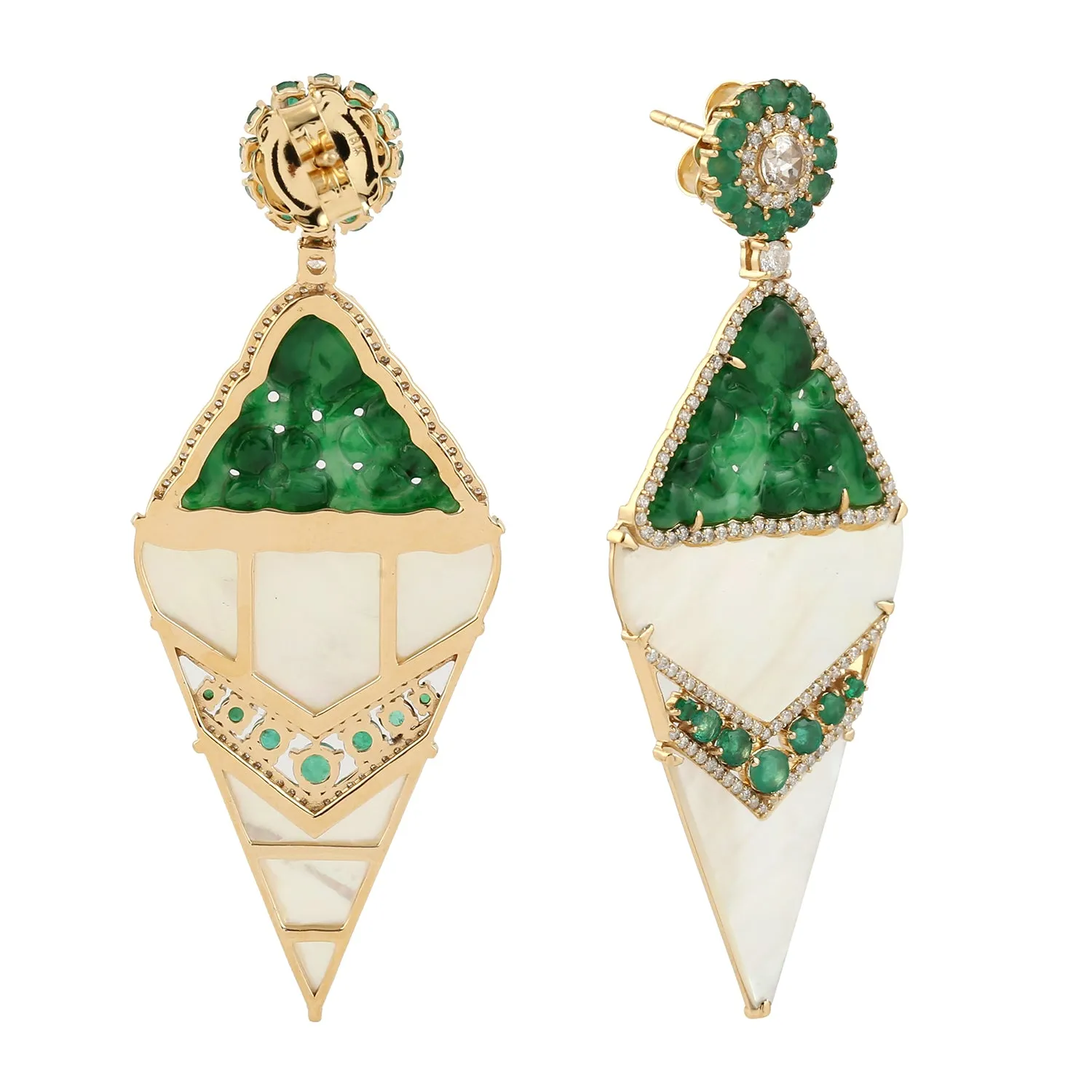 Carving Jade Prong Mother Of Pearl Round Emerald Pave Diamond Dangler Earrings In Gold Women