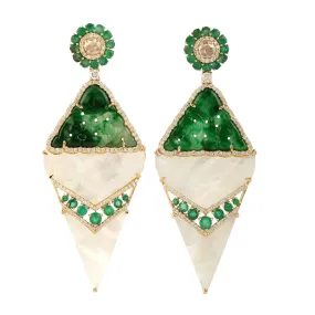 Carving Jade Prong Mother Of Pearl Round Emerald Pave Diamond Dangler Earrings In Gold Women