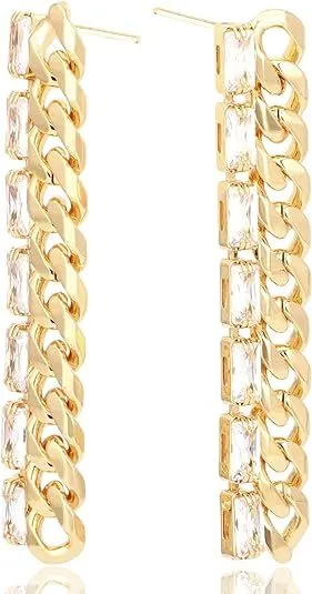 Chain Link Dangle Earrings For Women 18K Gold Plated Cubic Zirconia | 925 Sterling Silver Post | Non Tarnish & Waterproof | Gift For Her