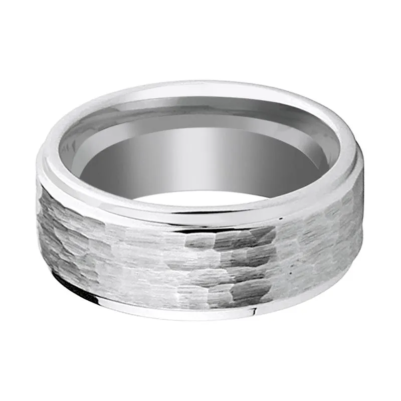 CLAN | Silver Tungsten Ring, Hammered, Stepped Edge