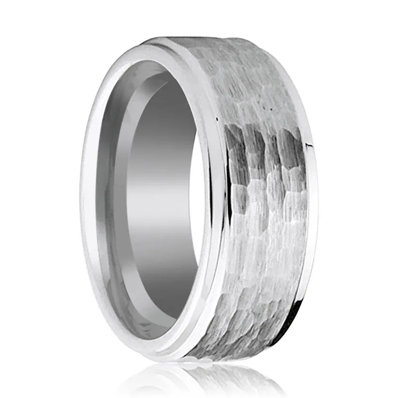 CLAN | Silver Tungsten Ring, Hammered, Stepped Edge