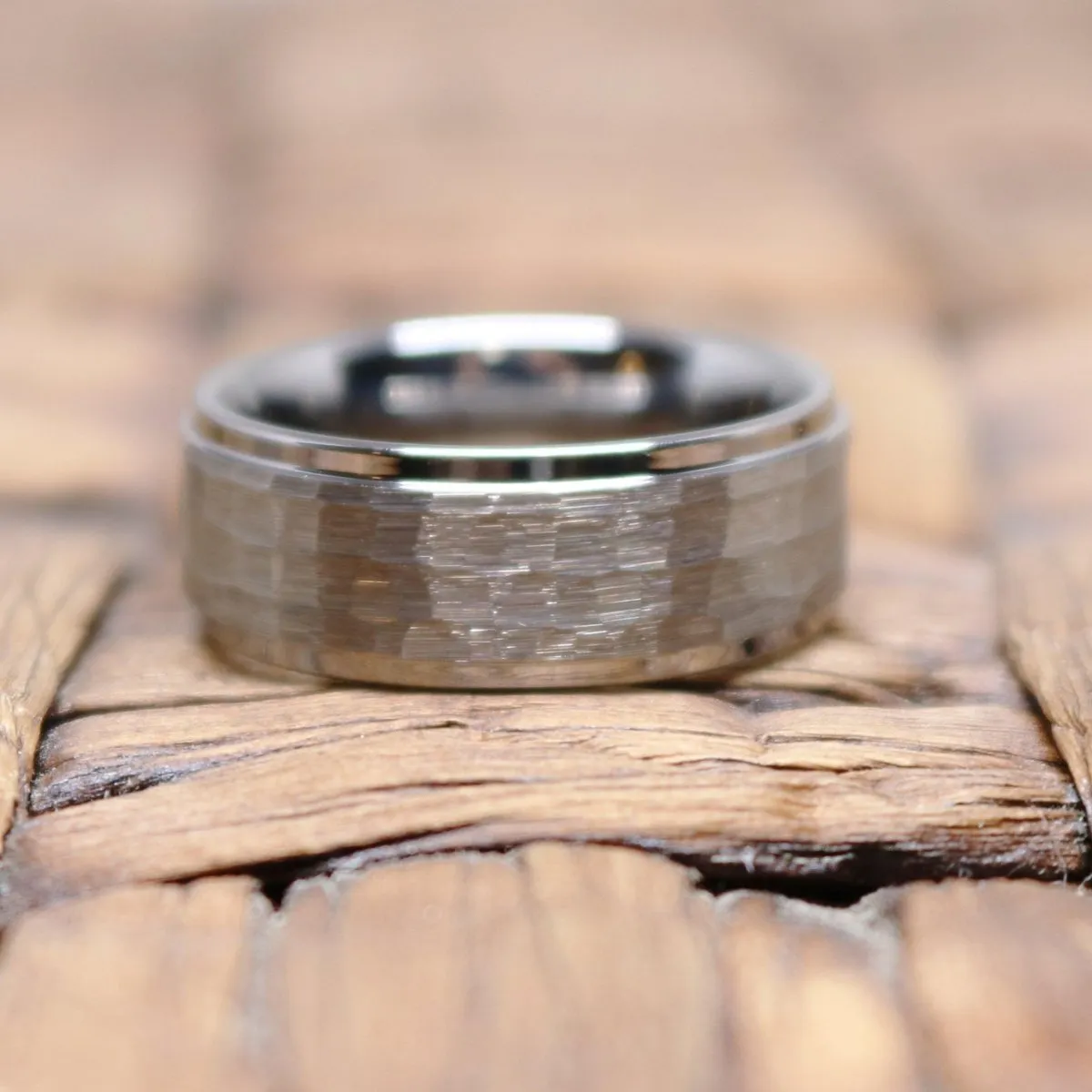 CLAN | Silver Tungsten Ring, Hammered, Stepped Edge