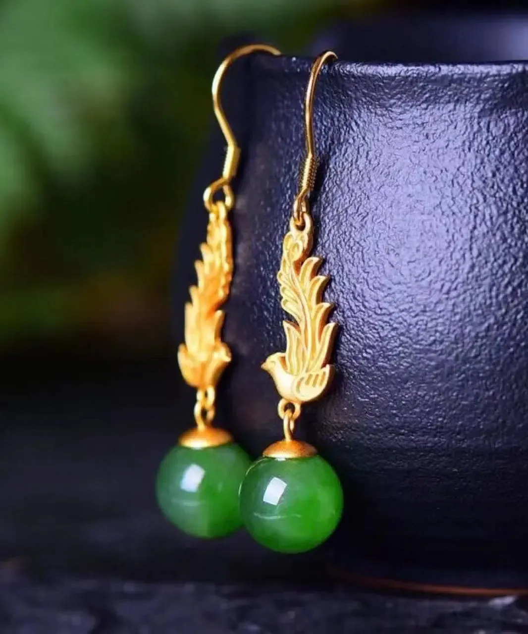 Classy Gold Phoenix Sterling Silver Overgild Jade Drop Earrings LY8533