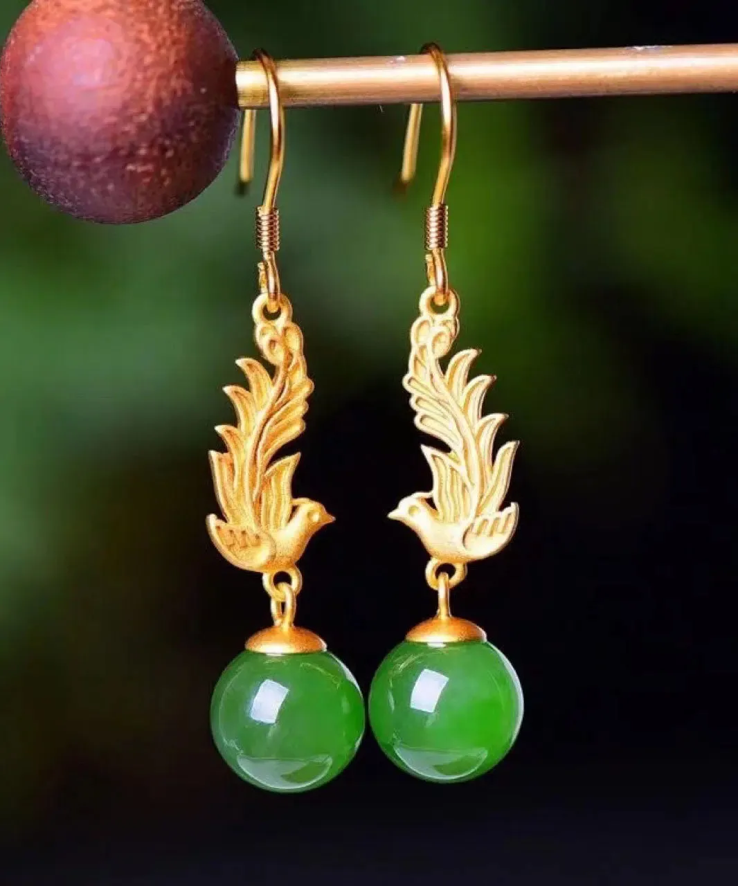 Classy Gold Phoenix Sterling Silver Overgild Jade Drop Earrings LY8533