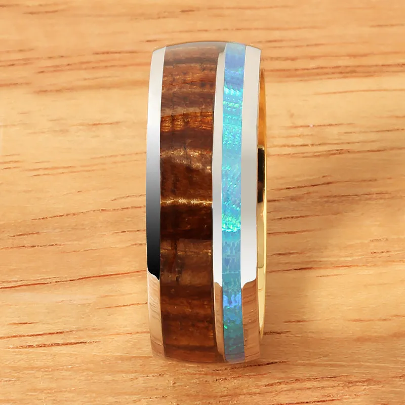 Cobalt Two-Tone Yellow Gold Plated Curly Koa Wood and Opal Oval Wedding Ring 8mm