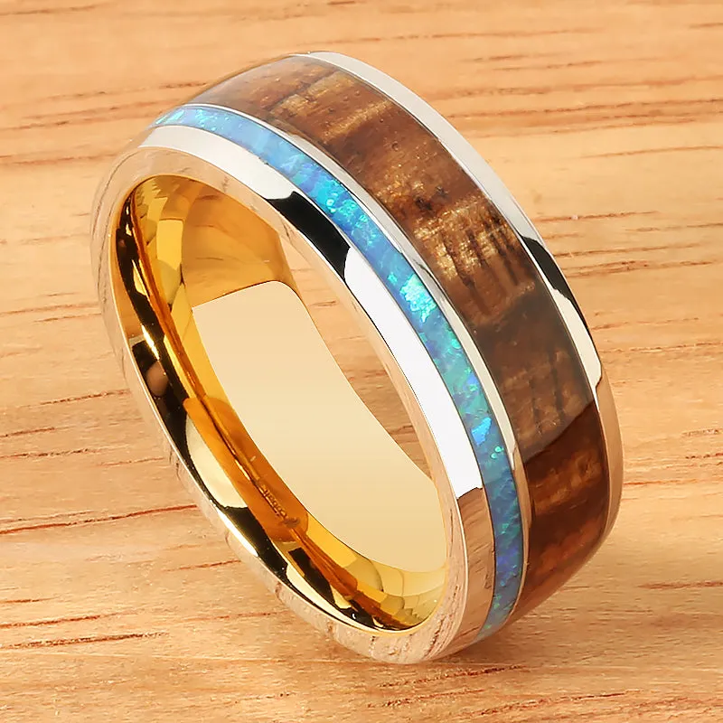 Cobalt Two-Tone Yellow Gold Plated Curly Koa Wood and Opal Oval Wedding Ring 8mm