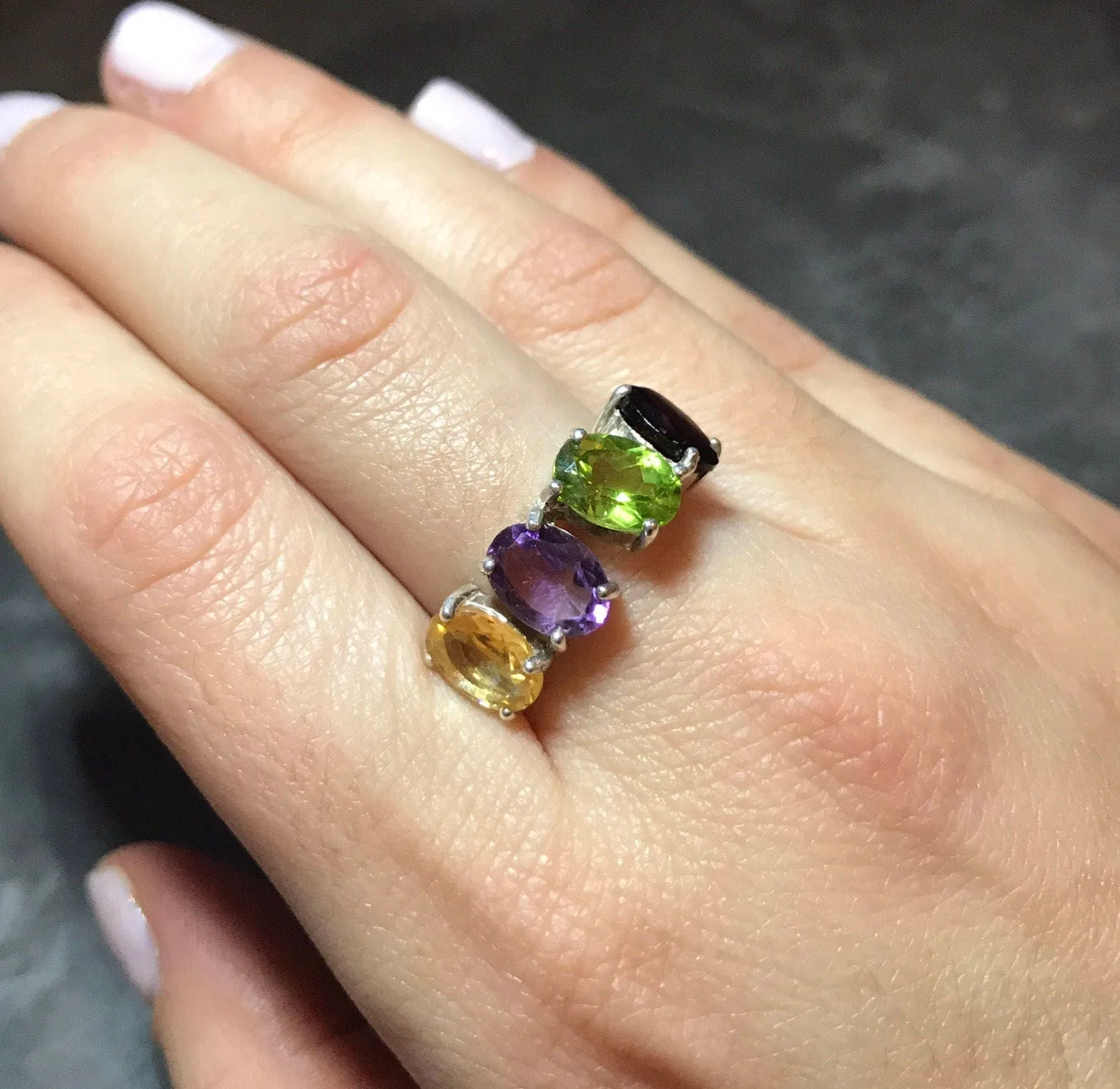 Colorful Statement Band - Garnet Silver Ring - Multistone Silver Ring