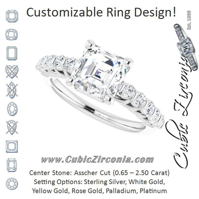 Cubic Zirconia Engagement Ring- The Alaia (Customizable Asscher Cut Style with Round Bar-set Accents)