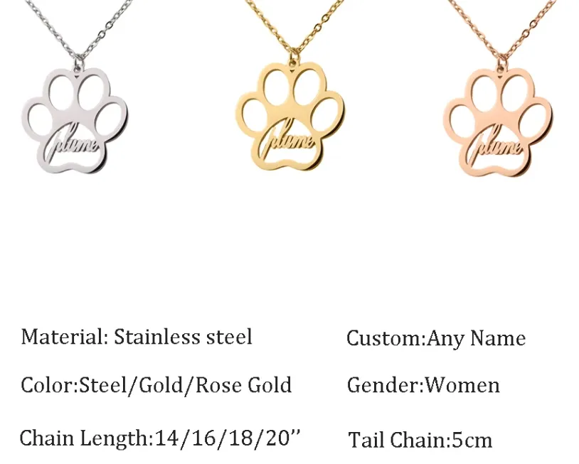 Custom Dog Paw Name Necklace, Paw Print Necklace, Paw Pendant, Name Necklace, Personalised Paw Pendant, Pet Necklace, Dog Memorial Gifts