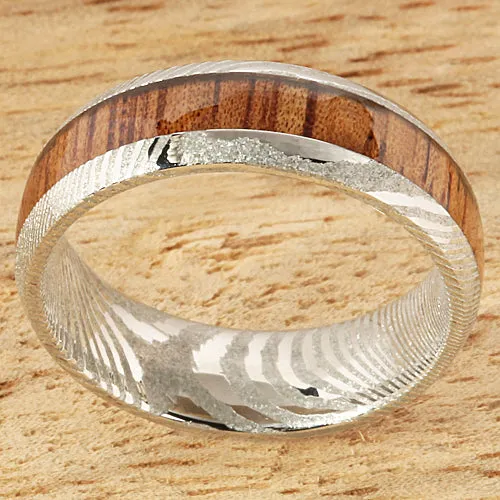 Damascus Steel Natural Koa Wood Oval Wedding Ring 6mm