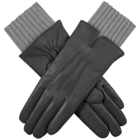 Dents Tamara Knitted Cuff Leather Gloves - Charcoal Grey/Dove Grey