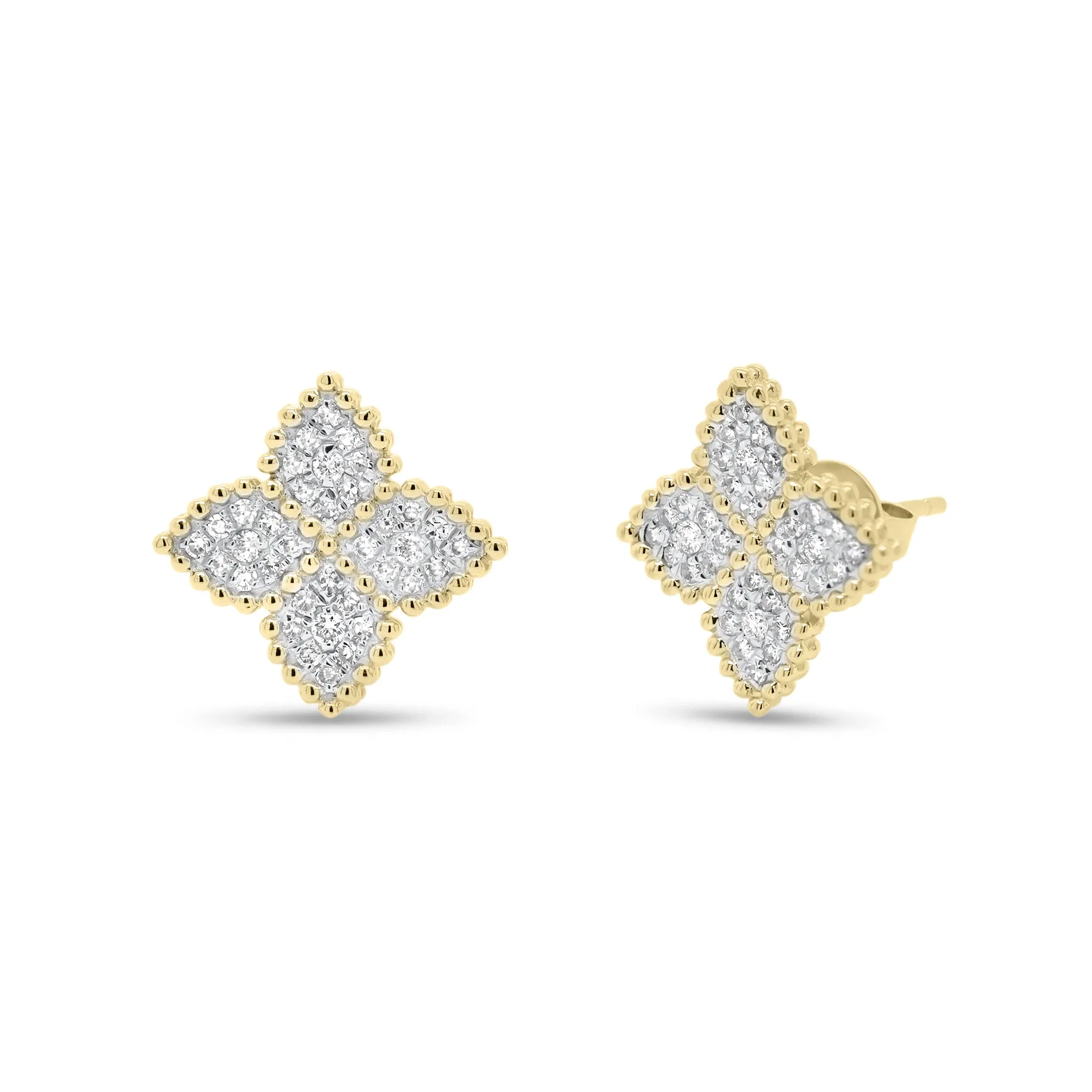 Diamond Flower Stud Earrings with Beaded Gold