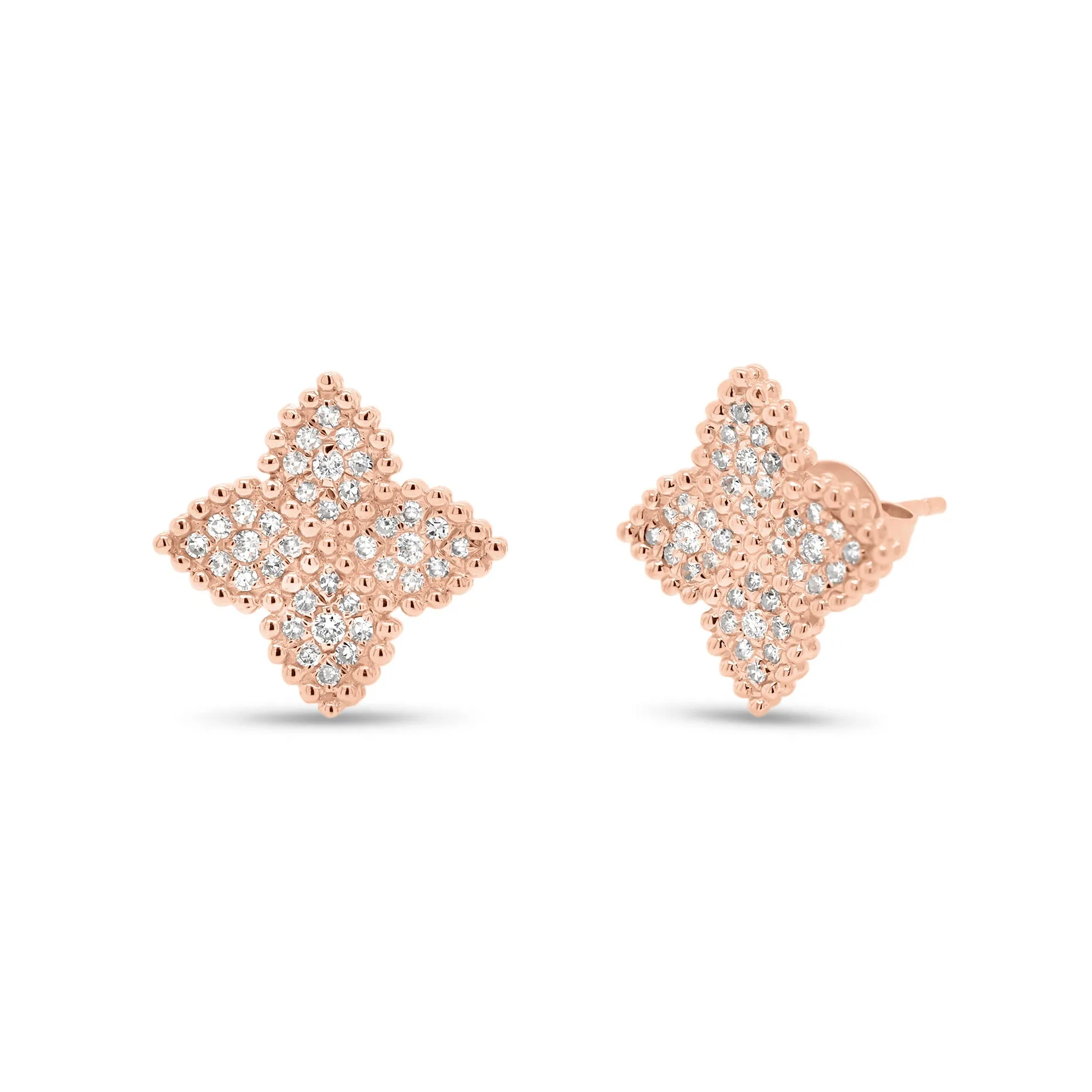 Diamond Flower Stud Earrings with Beaded Gold