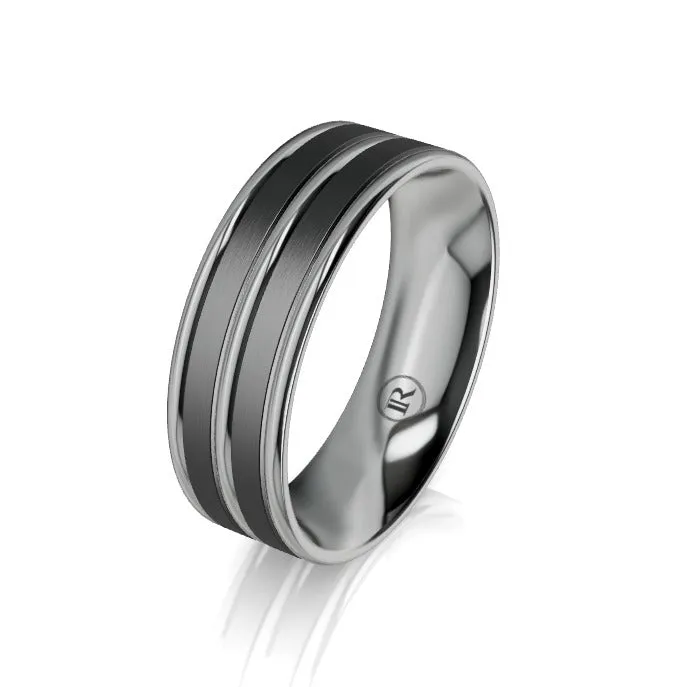 Dual Concave Grey Zirconium and Black Zirconium Grooved Wedding Ring