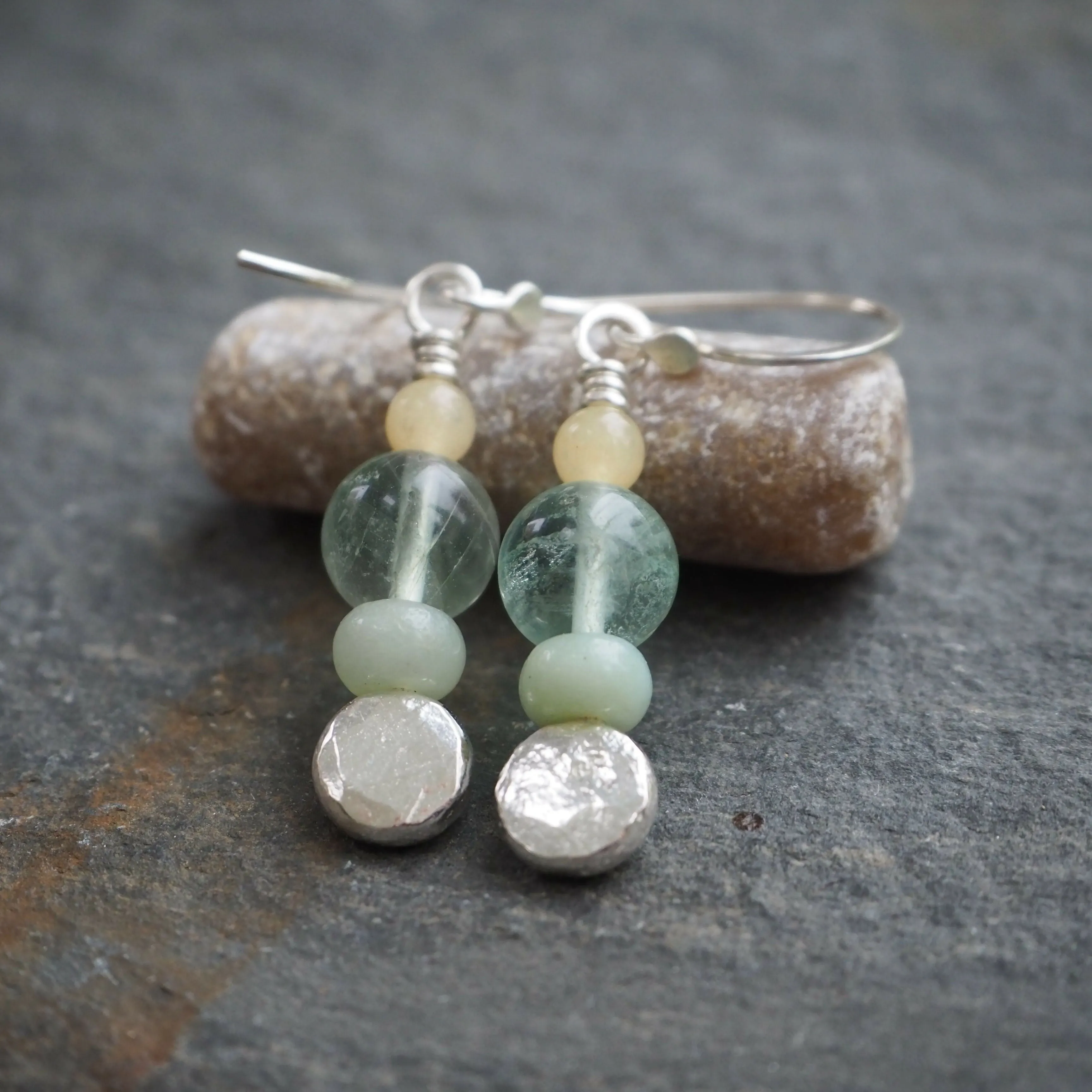 Earrings - Silver, Fluorite and Jade Dangly Earrings