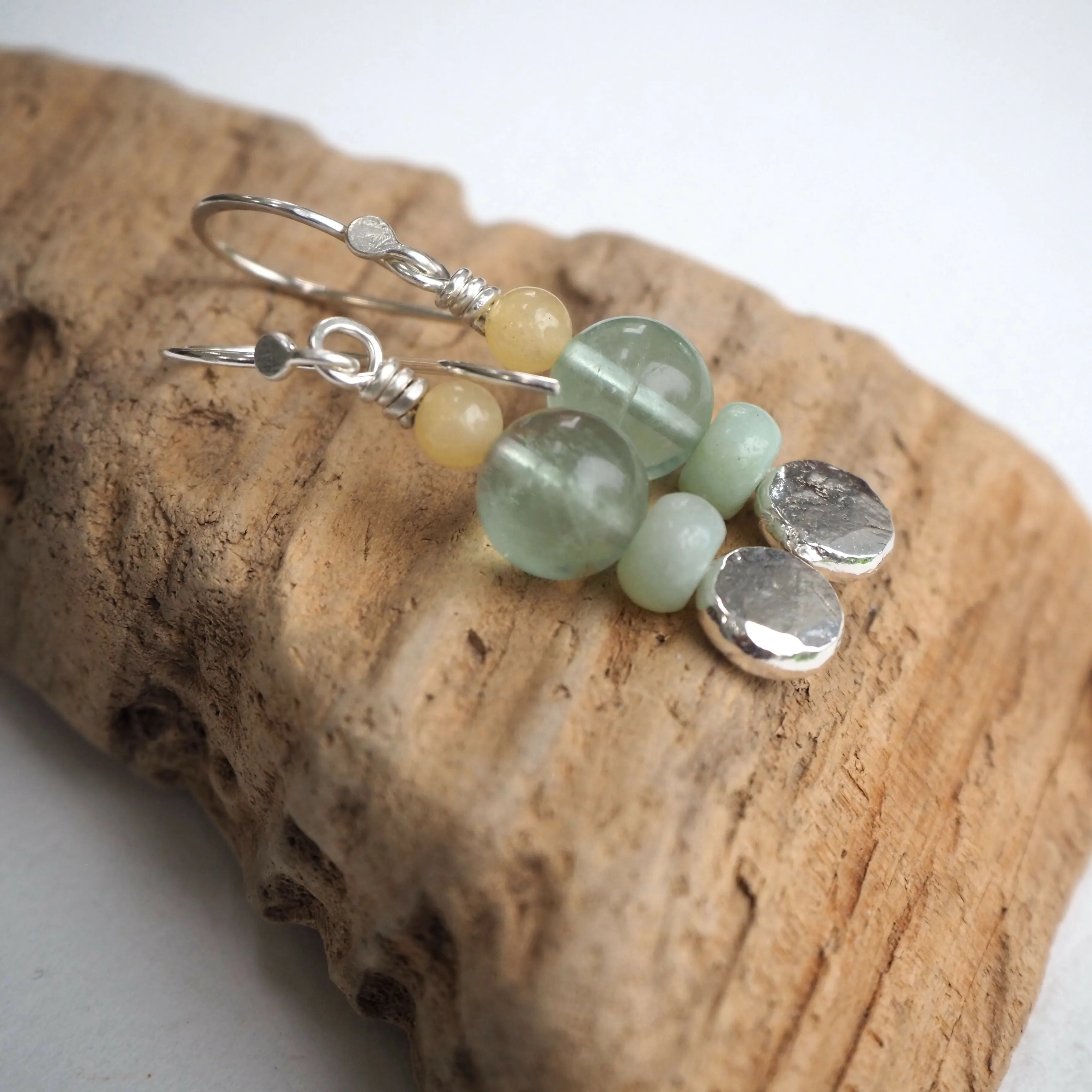 Earrings - Silver, Fluorite and Jade Dangly Earrings