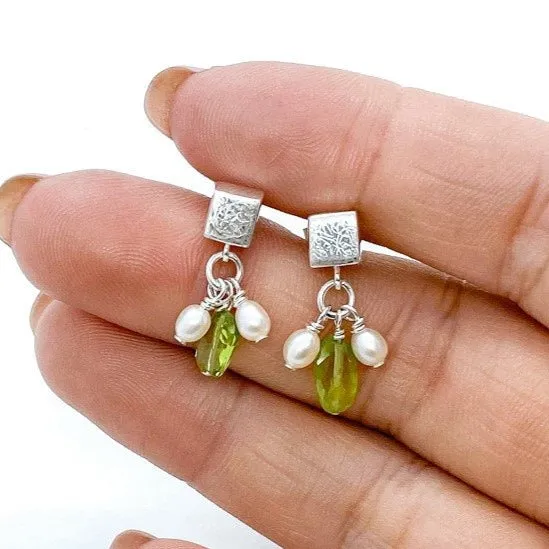 Elegant Cube Studs with mini pearls and peridot