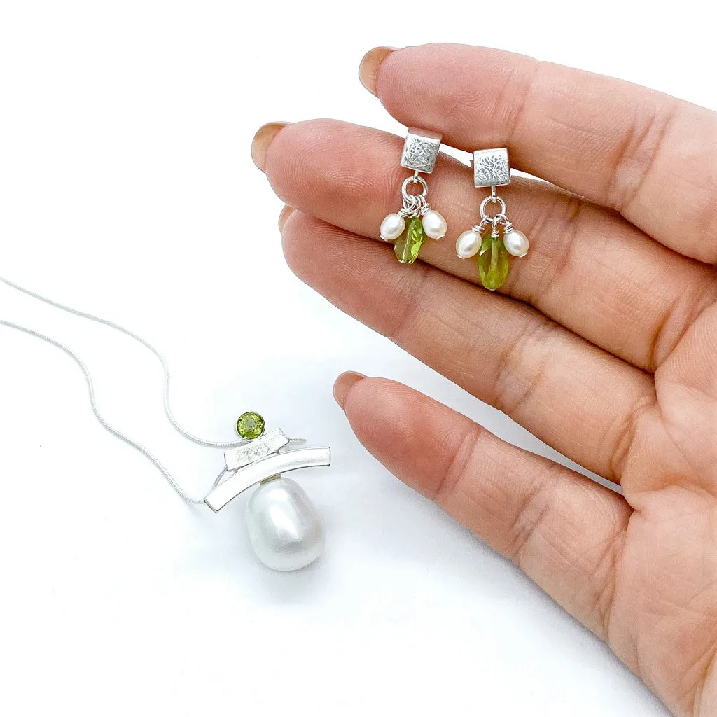 Elegant Cube Studs with mini pearls and peridot