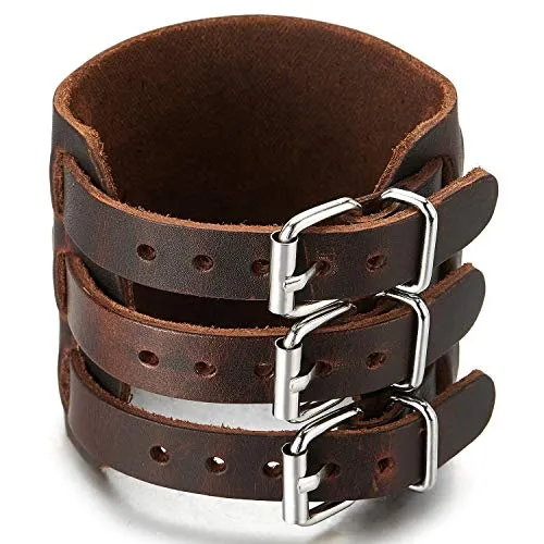 Extra Wide Genuine Black Leather Bracelet for Men, Featuring Three Buckle Clasps, Perfect for Casual Wear or Leather-Themed Events