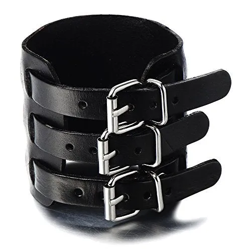 Extra Wide Genuine Black Leather Bracelet for Men, Featuring Three Buckle Clasps, Perfect for Casual Wear or Leather-Themed Events