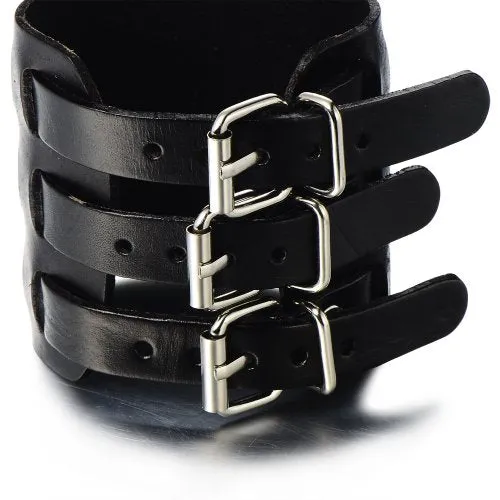 Extra Wide Genuine Black Leather Bracelet for Men, Featuring Three Buckle Clasps, Perfect for Casual Wear or Leather-Themed Events