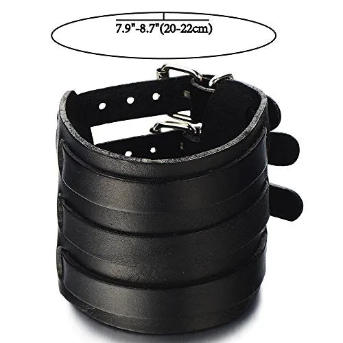 Extra Wide Genuine Black Leather Bracelet for Men, Featuring Three Buckle Clasps, Perfect for Casual Wear or Leather-Themed Events