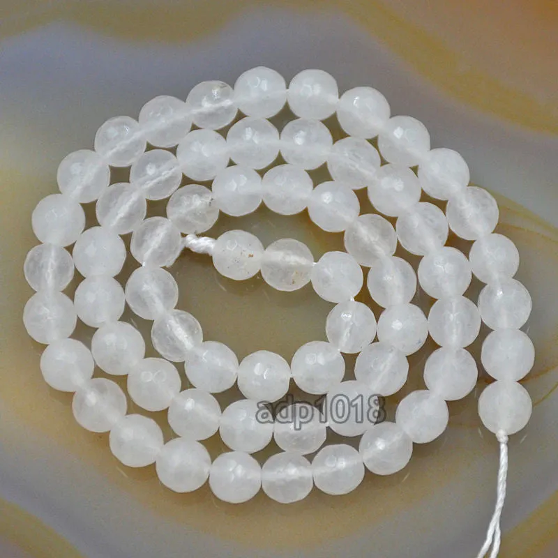 Faceted Natural White Jade Gemstone Round Loose Beads on a 15.5" Strand