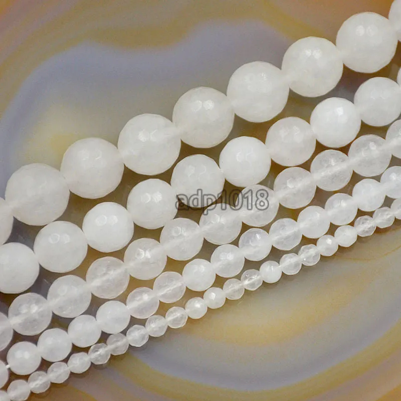 Faceted Natural White Jade Gemstone Round Loose Beads on a 15.5" Strand