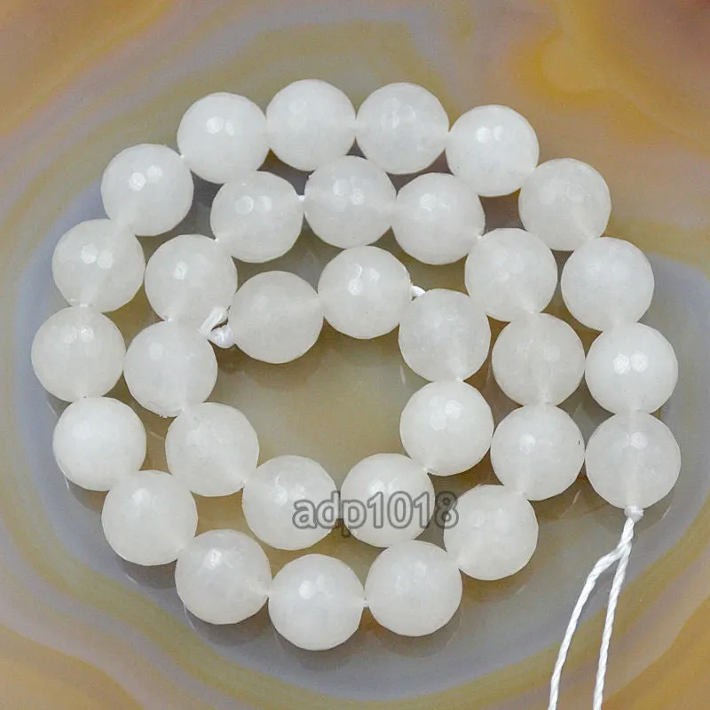 Faceted Natural White Jade Gemstone Round Loose Beads on a 15.5" Strand