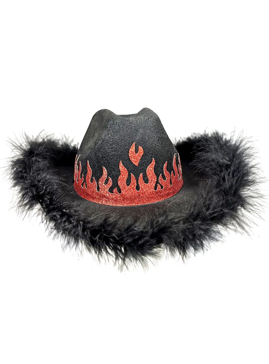 Feather Trim Black Cowboy Costume Hat With Red Glitter Flames