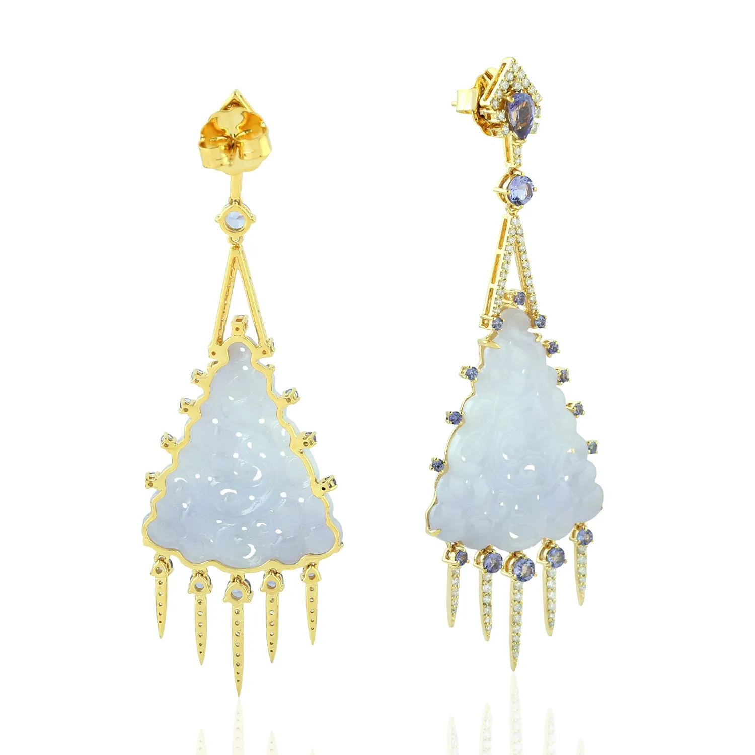 Filgree Carved Jade Blue Tanzanite Diamond Chandlier Danglers in 18k Yellow Gold