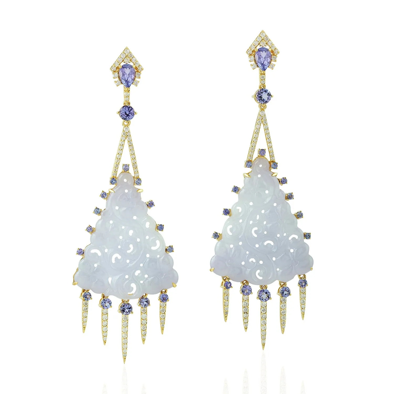 Filgree Carved Jade Blue Tanzanite Diamond Chandlier Danglers in 18k Yellow Gold