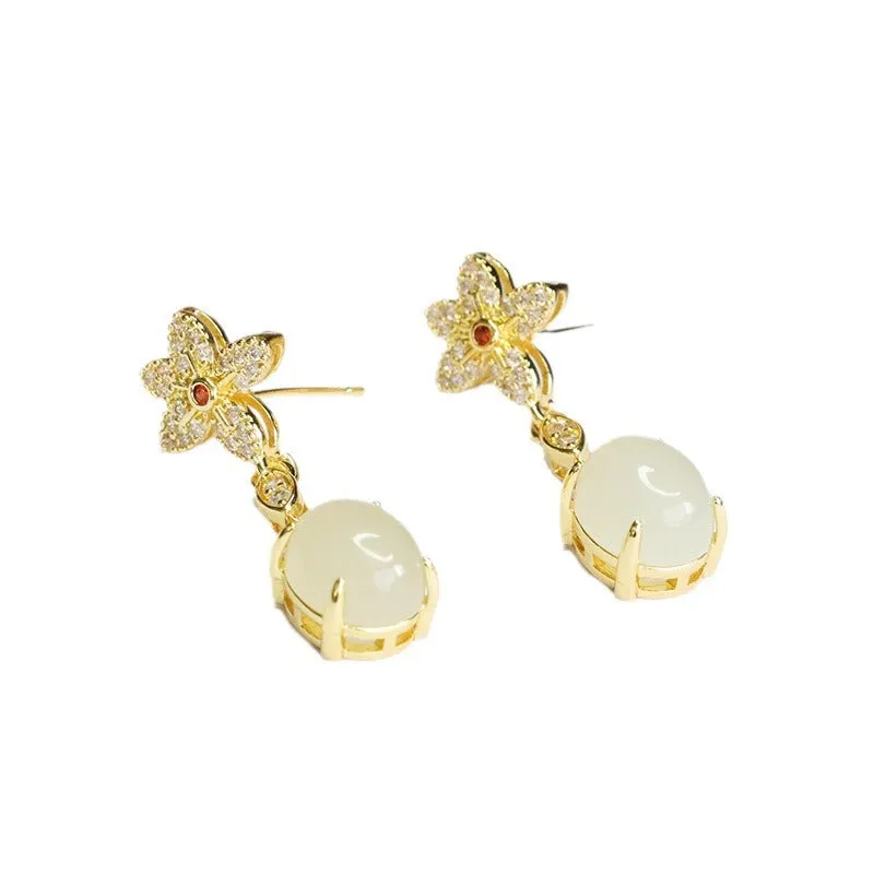 Floral Drop Earrings crafted with Natural Hotan White Jade