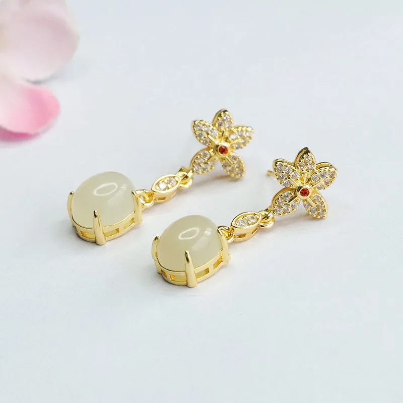 Floral Drop Earrings crafted with Natural Hotan White Jade