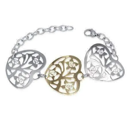 Floral Hearts Two Tone Filigree Medallion Bracelet