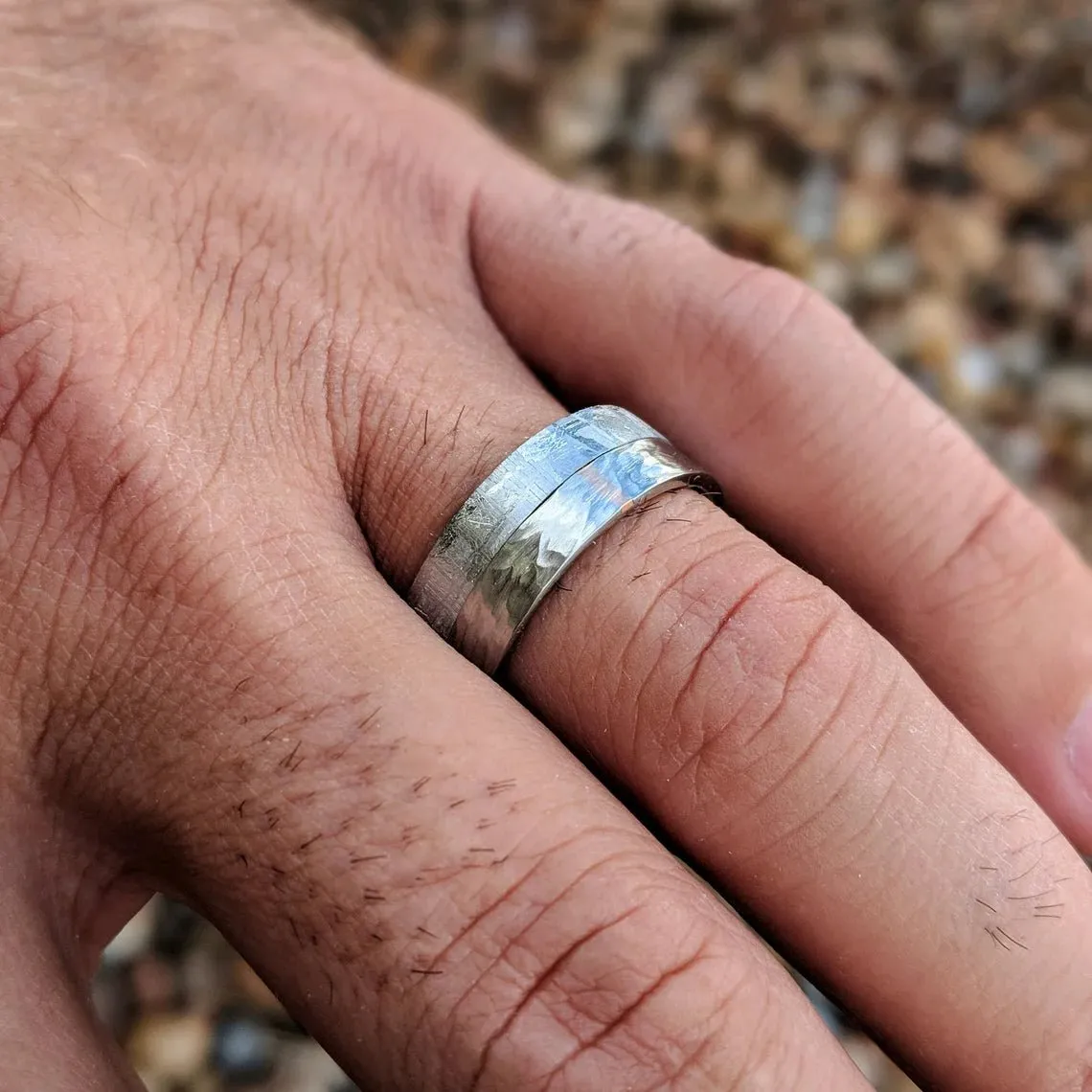 Gibeon Meteorite Ring, Custom Made Meteorite Wedding Bands 14k Rose Gold Inlay