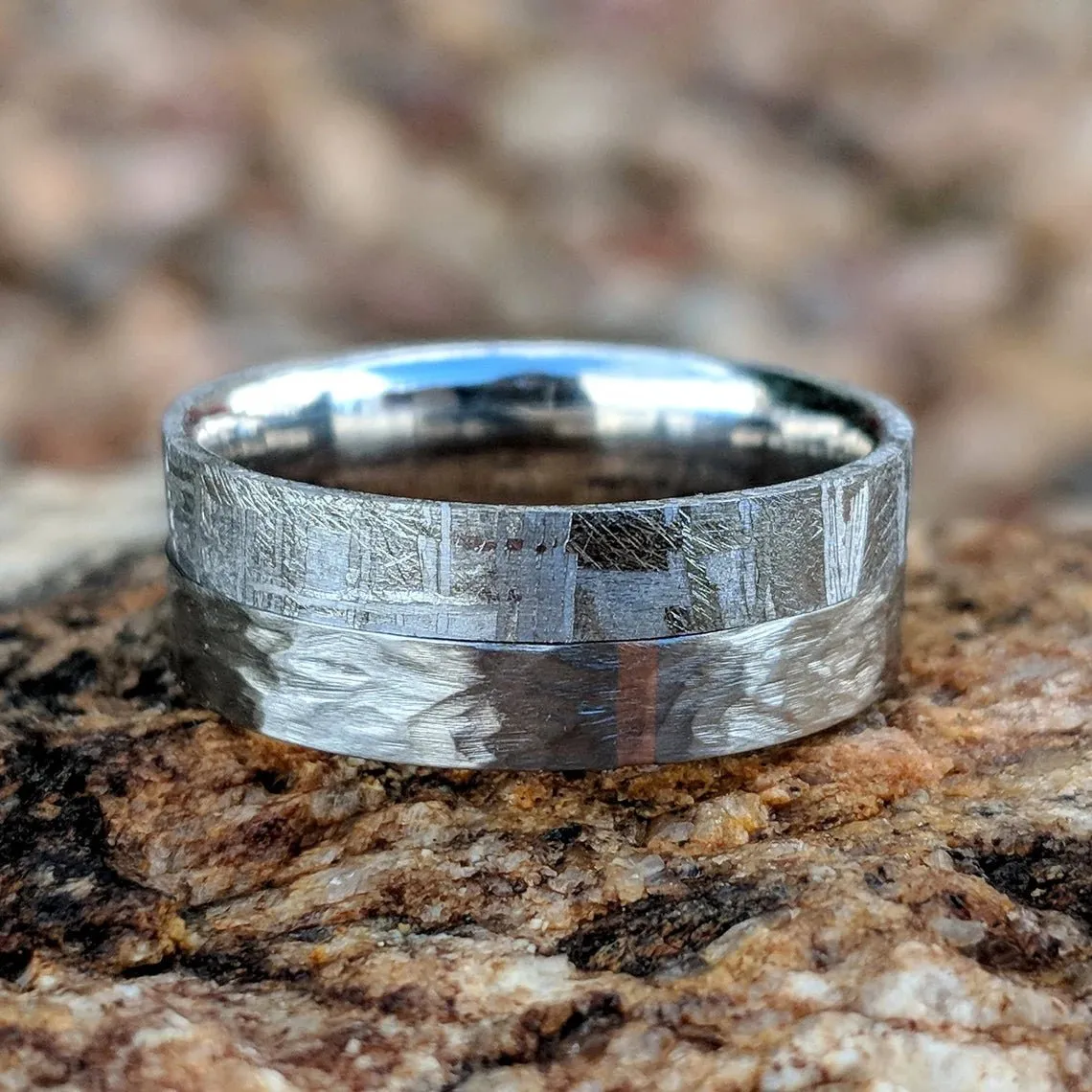 Gibeon Meteorite Ring, Custom Made Meteorite Wedding Bands 14k Rose Gold Inlay