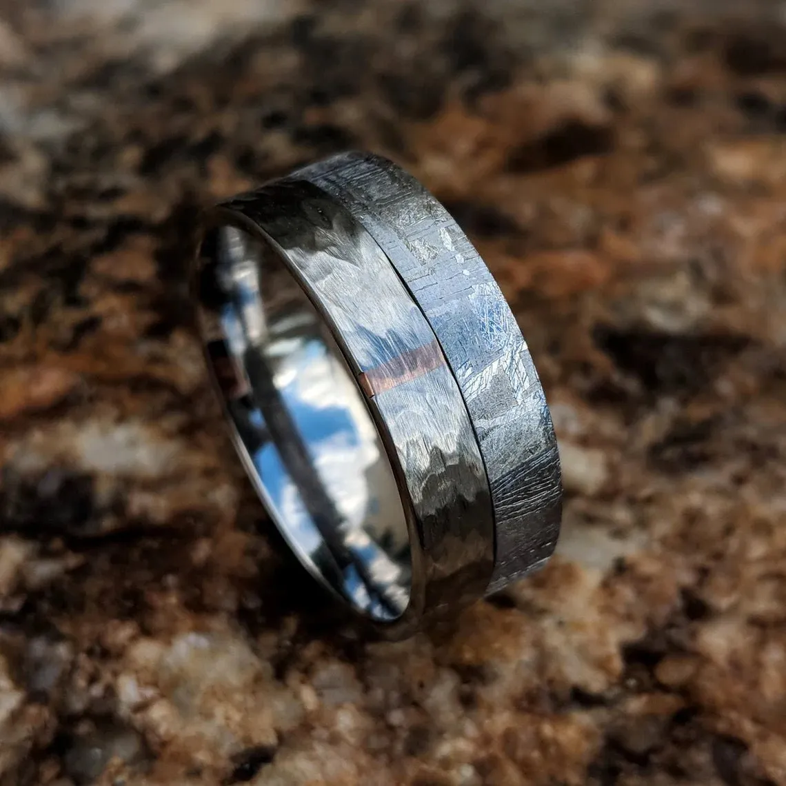 Gibeon Meteorite Ring, Custom Made Meteorite Wedding Bands 14k Rose Gold Inlay