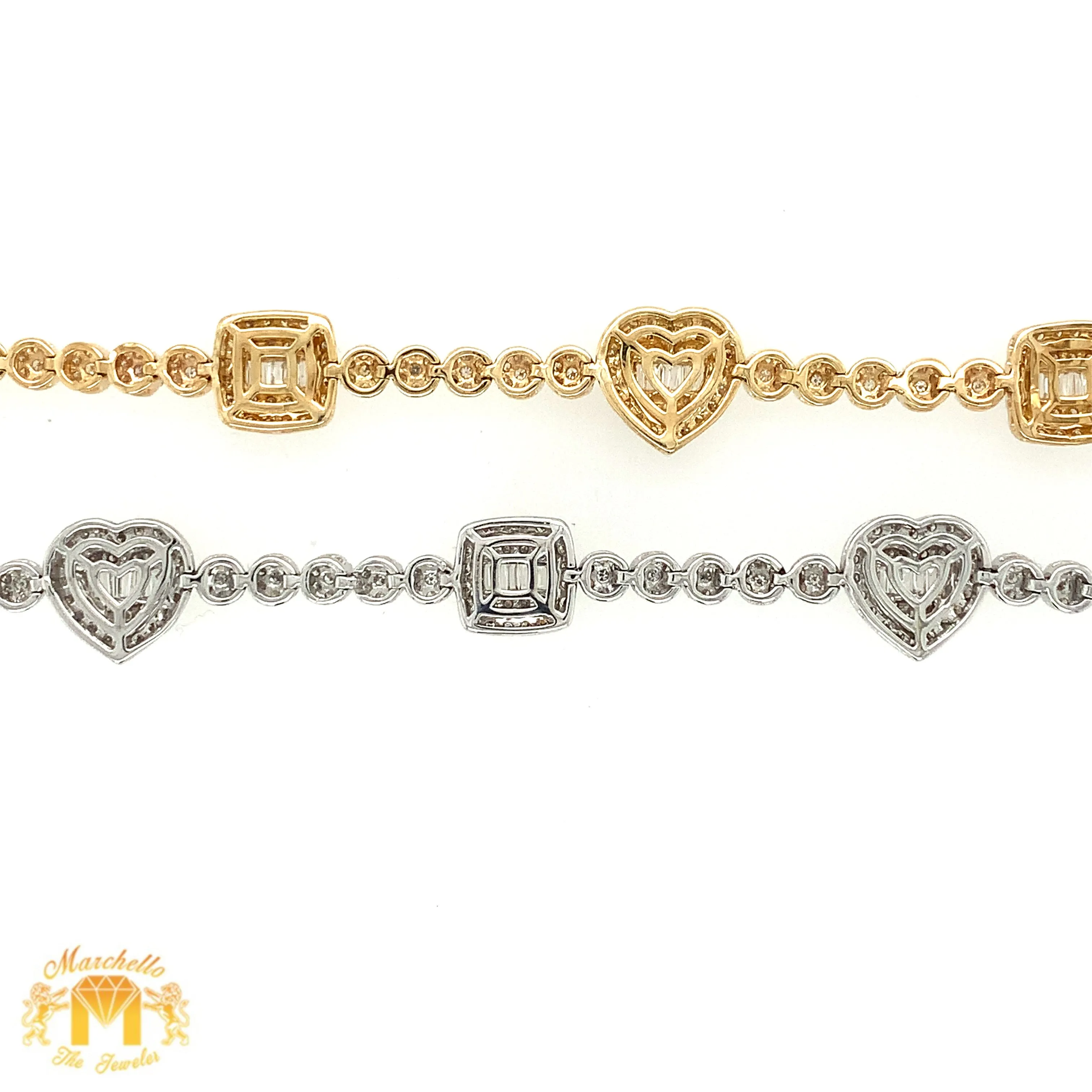 Gold and Diamond 10.4x3.5mm Tennis Bracelet with Squares and Hearts with baguette and round diamonds  (pick gold color)