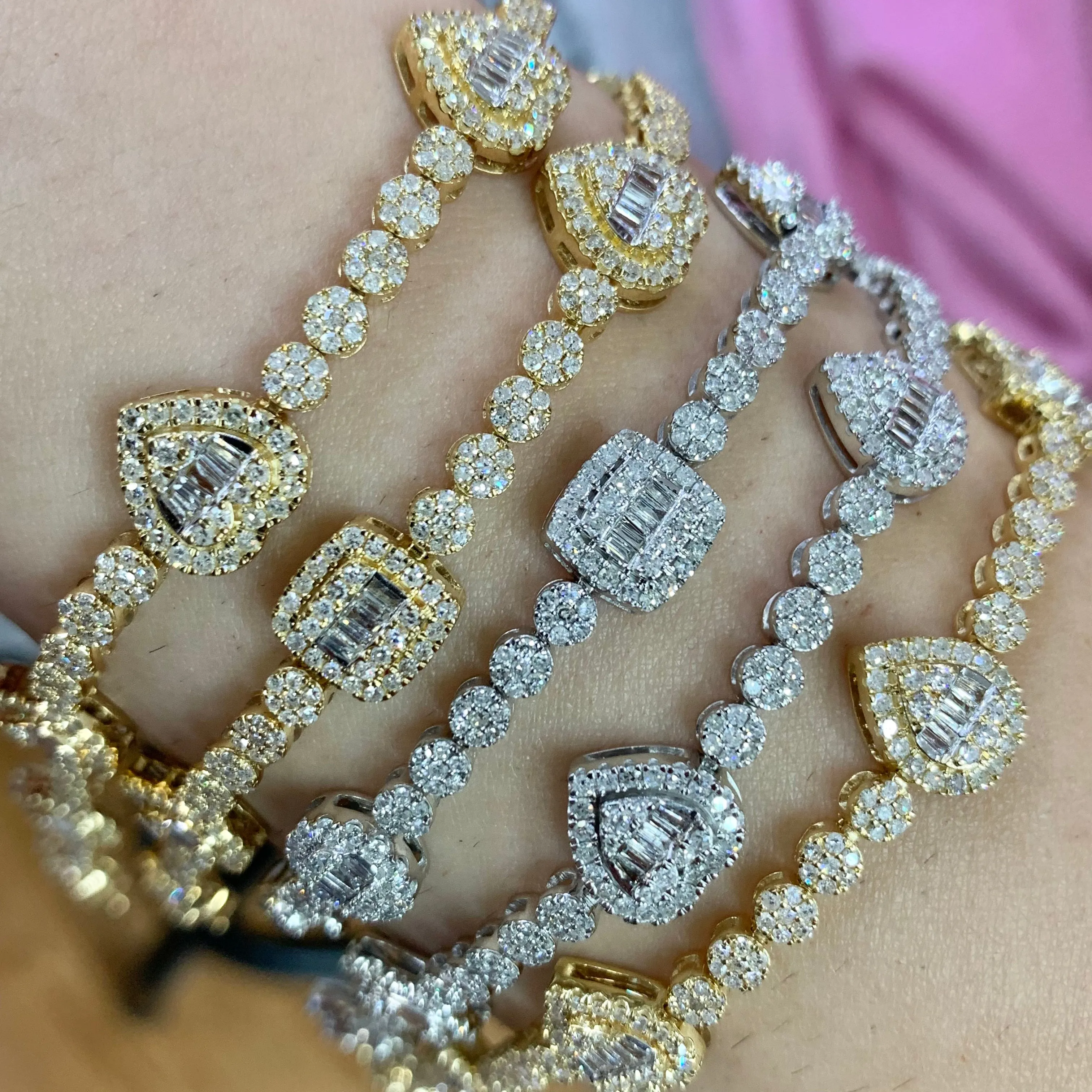 Gold and Diamond 10.4x3.5mm Tennis Bracelet with Squares and Hearts with baguette and round diamonds  (pick gold color)