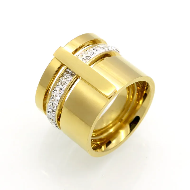 Gold Color Zircon Crystal Titanium Stainless Steel Rings For Women Men Wedding Jewelry Three Layers Beauty anillos Female Rings