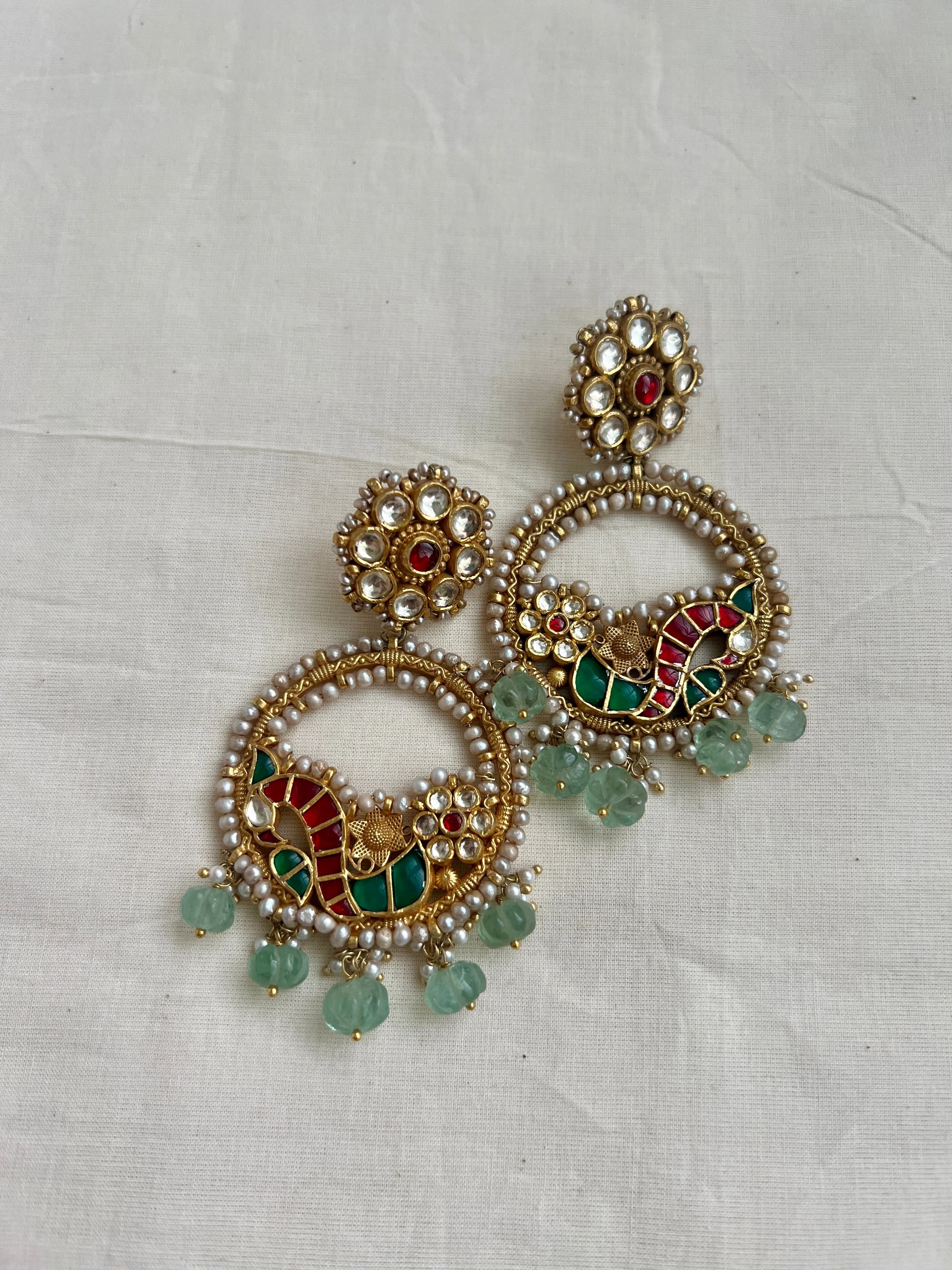 Gold polish kundan, ruby & emerald earrings with pearls and jade beads