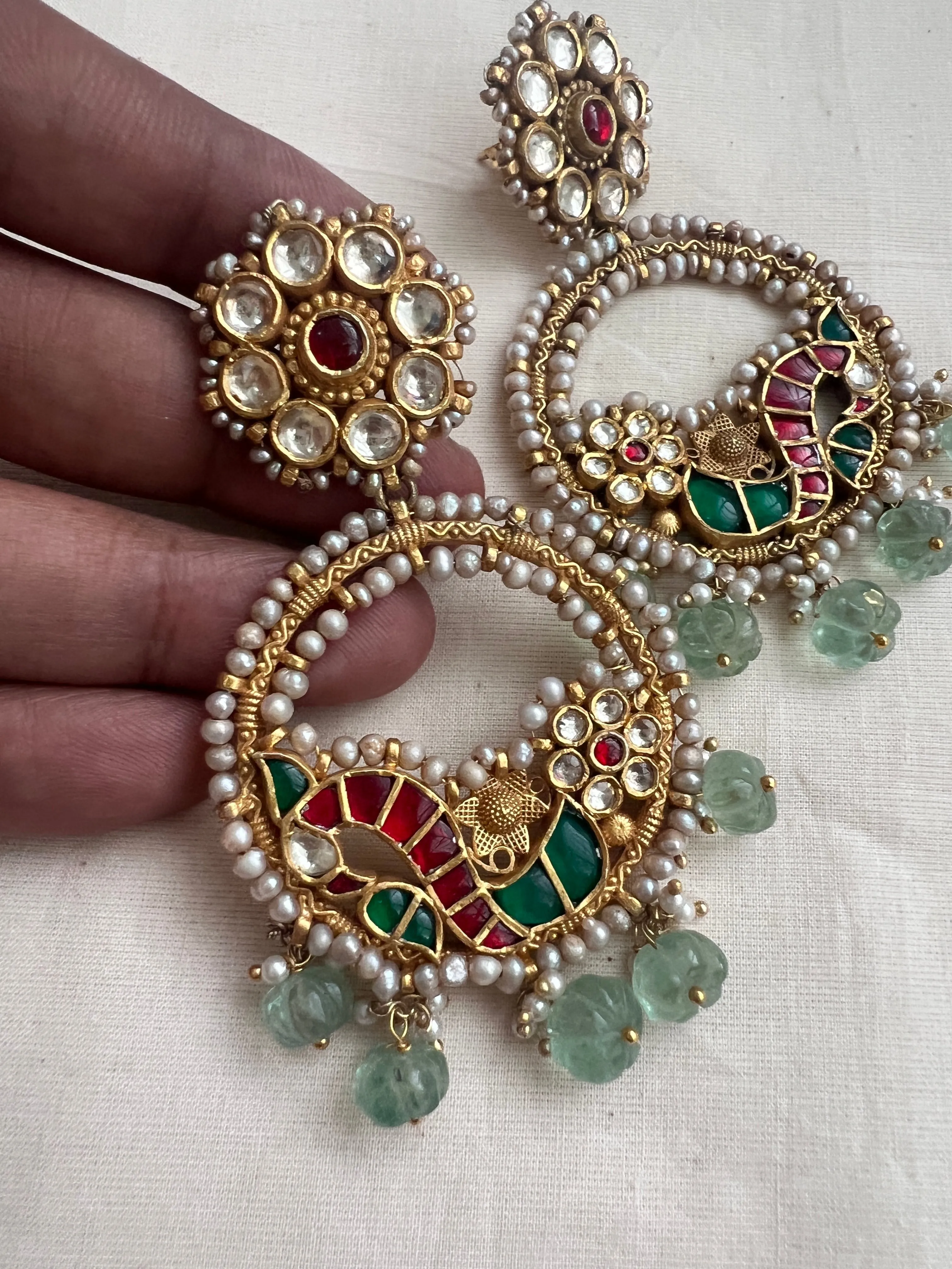 Gold polish kundan, ruby & emerald earrings with pearls and jade beads