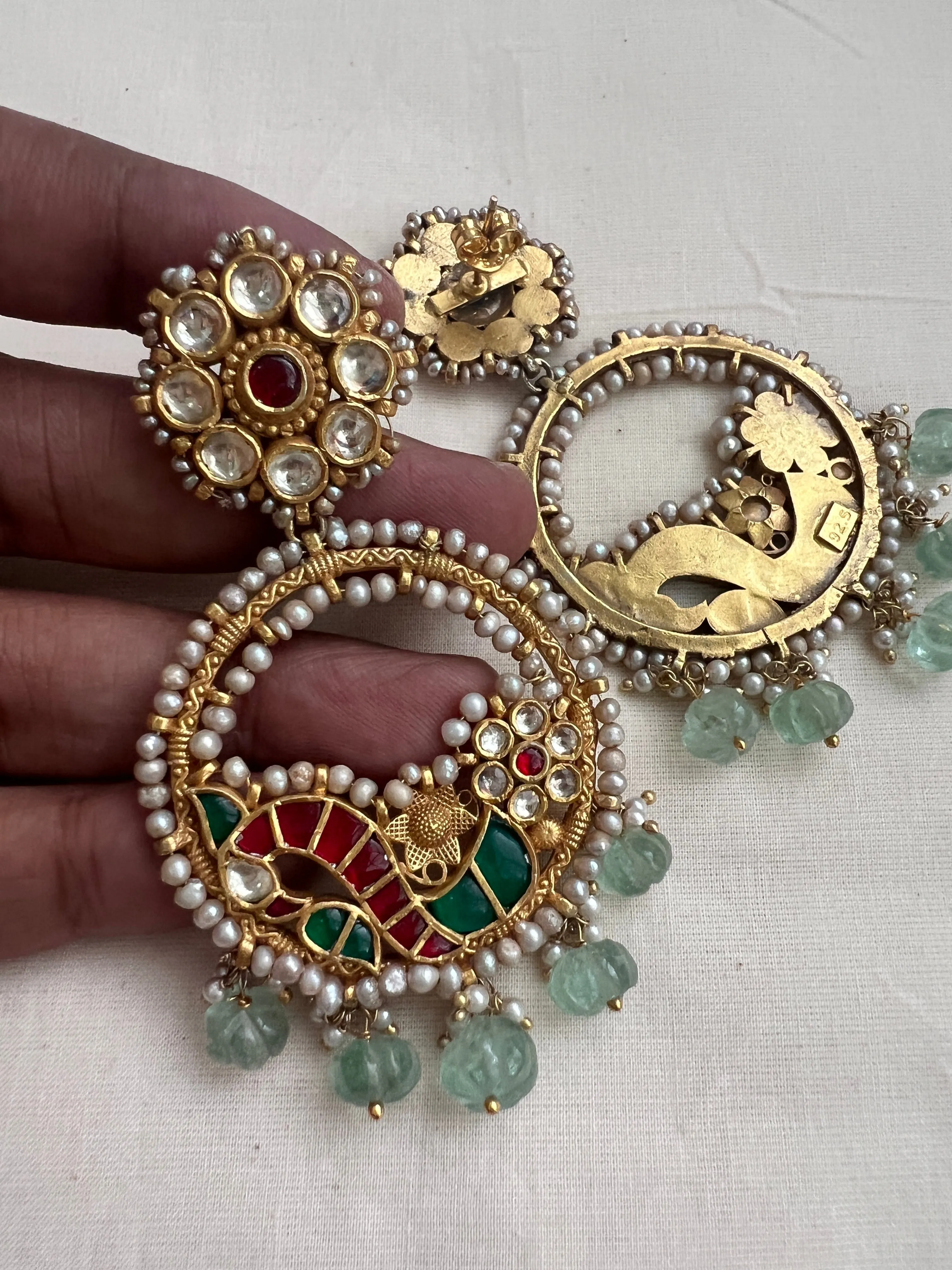 Gold polish kundan, ruby & emerald earrings with pearls and jade beads