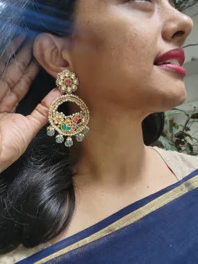 Gold polish kundan, ruby & emerald earrings with pearls and jade beads