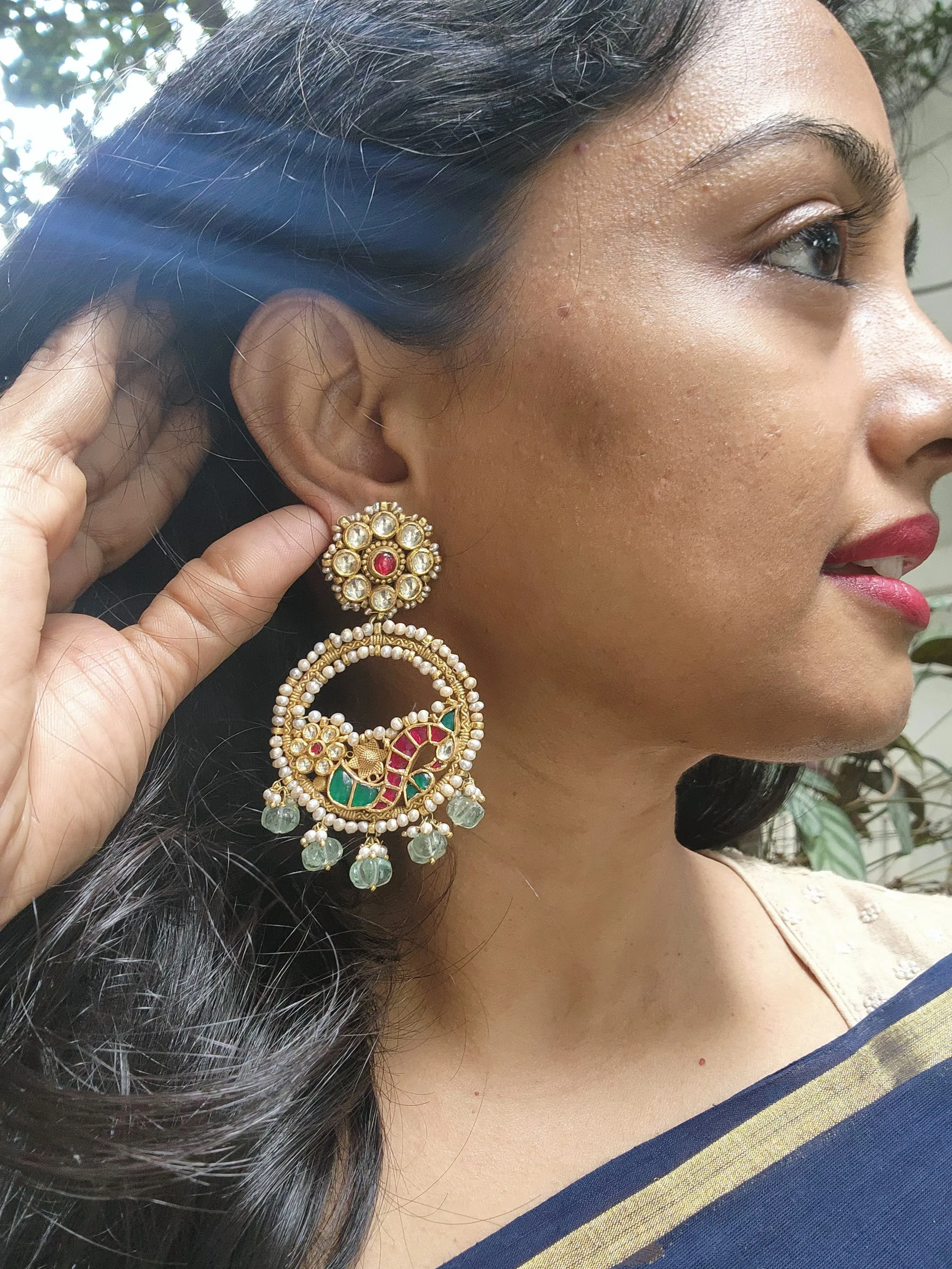 Gold polish kundan, ruby & emerald earrings with pearls and jade beads