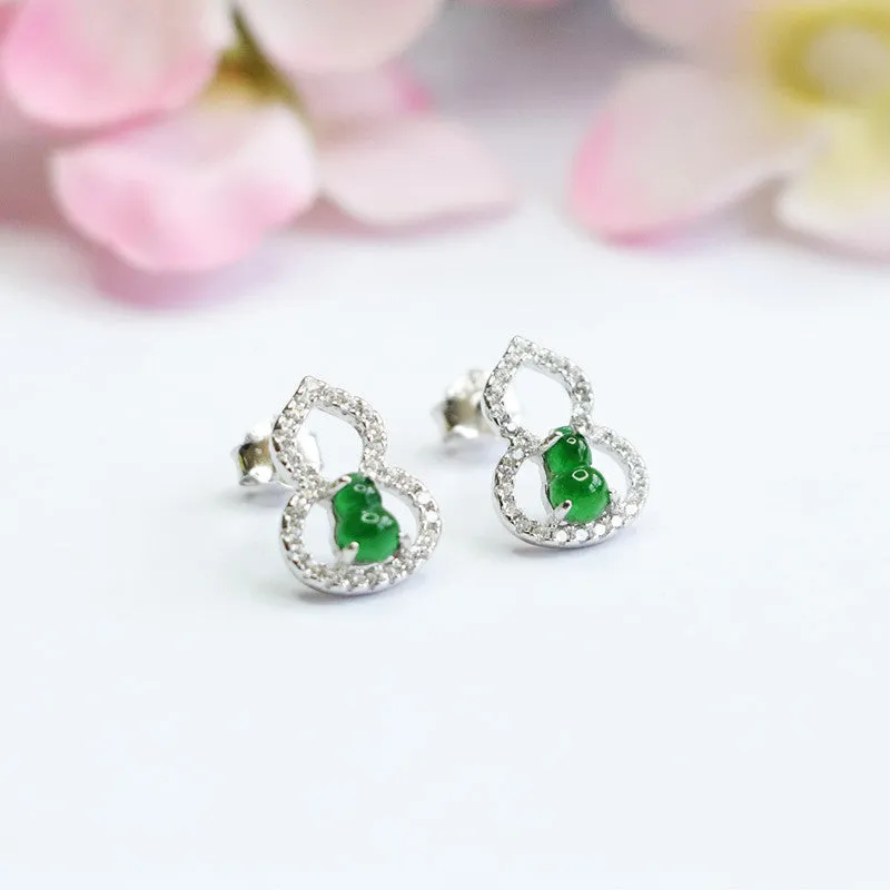 Gourd Stud Jade Earrings in Sterling Silver 925