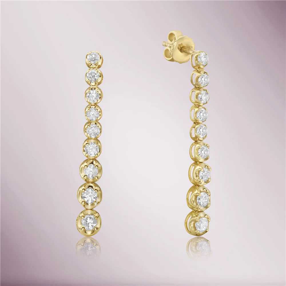 Graduated Diamond In Line 1" Long Tennis Earrings (0.95 ct.) Buttercup Setting in 14K Gold